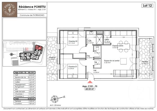Appartement T3 à vendre  3 pièces - 60,53 m2 PATRIMONIO - 202