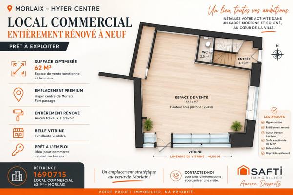 Morlaix Hyper-Centre – Local commercial entièrement rénové de 62 m²