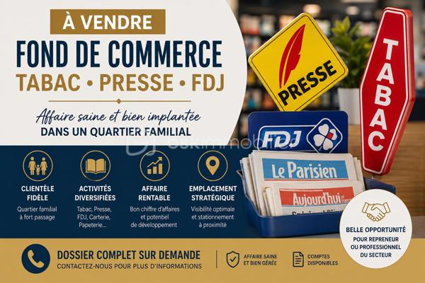 FOND DE COMMERCE dans quartier familial

Secteurs d’activités:
- Tabac
- FDJ
- Vapote
- Presse
- Épicerie 
- Vente de boisson à emporter

Point de vente de 34m2 avec une réserve de 4m2

Ouvert 5J/7J de 8h-12h30 et 15h-18H30

Un chiffre d’affaire optimisable de 30% à 50% en plusieurs étapes.

Vous cherchez une affaire avec une clientèle fidèle dans un quartier agréable?
Ne cherchez plus cette affaire n’attend plus que vous.