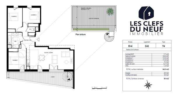 Appartement 4 pièces 85m² + Loggia + Terrasse en rooftop de 59m² + 2 Parkings sous-sol ! TOULOUSE