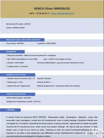 Restauration rapide à vendre 156 m² Metz
