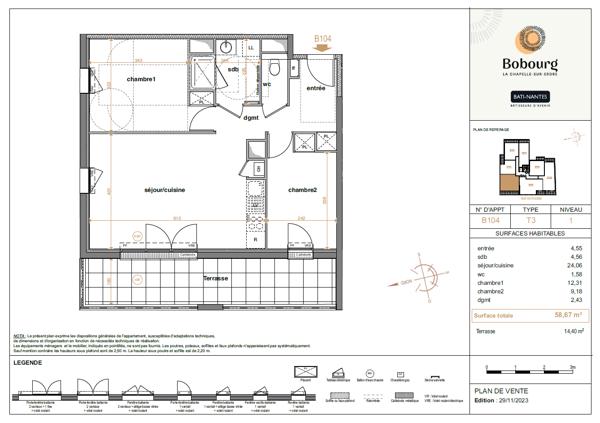 Vente appartement 3 pièce(s) 55 m²