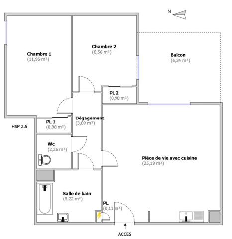 Appartement 3 pièce(s) 2 chambre(s) 60 m²