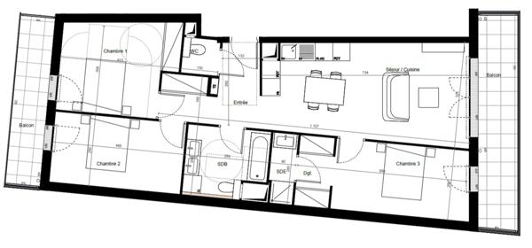 appartement T4 neuf à vendre BAGNOLET (93), surface habitable 82,48 m2 + 2 balcons 17,91 m2.