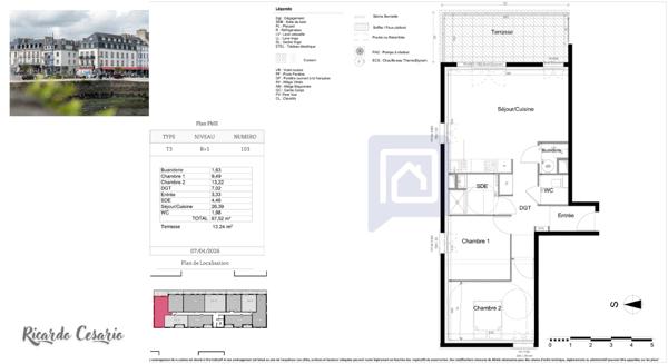 CONCARNEAU 29900 - APPARTEMENT T3 AVEC TERRASSE - PROCHE CENTRE VILLE