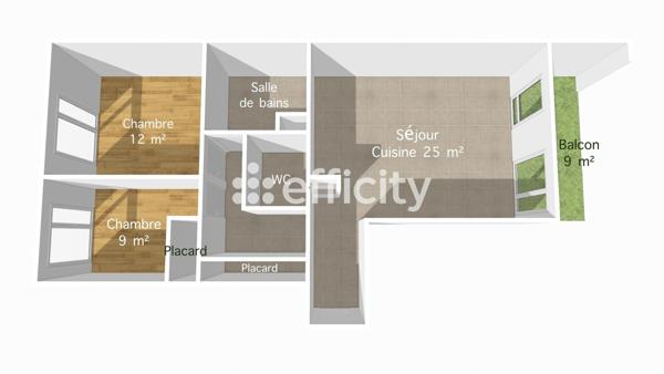 Appartement 3 pièces - 64 m² Exclusivité efficity