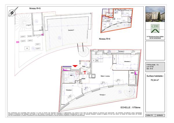 Duplex dernier étage 70,34m2 avec terrasses de 69m2 dont rooftop de 40,37m2