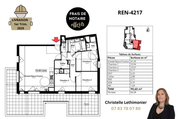 Appartement Rennes 4 pièces - 90.60 m² + Terrasse de 46,38m² - Quartier Sainte Thérèse