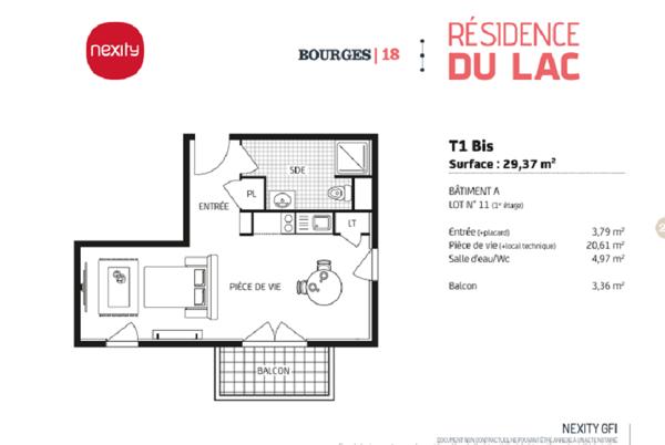 Appartement STUDIO Bourges 1 piece - 29.37 m2 avec balcon.