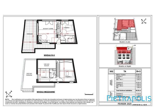 Sète : Appartement T4 en duplex de 66,95m² habitable totalisant 76,17m², terrasse de 30,55m², 2 places de parking sous-sol.