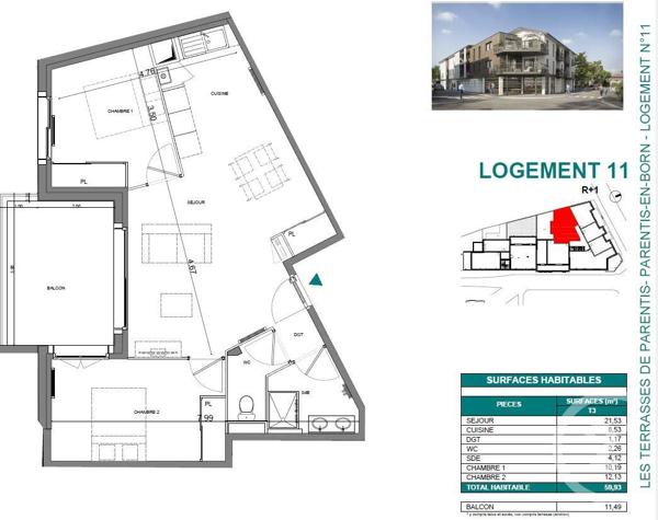 appartement à vendre  3 pièces - 59,93 m2 PARENTIS EN BORN - 40