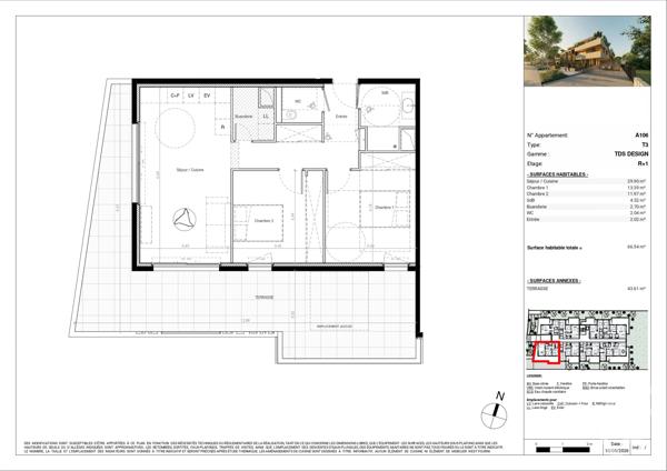 Appartement T3 à vendre  3 pièces - 66,34 m 2   BAILLARGUES  - 34