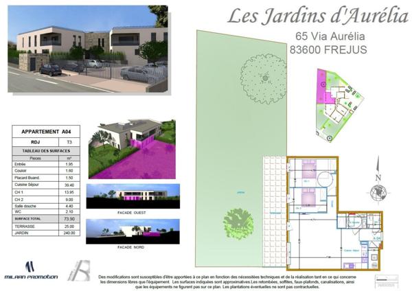 Appartement de type F3 de 73,9 m² + 25 m² de terrasse + 240 m² de jardin + box en supplément