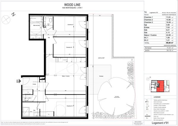 Lyon 7ème - Rue Montesquieu - Appartement de 86,68 m², 3 chambres, jardin privatif, Cave