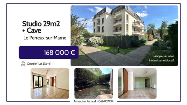 Le Perreux-sur-Marne (94170) Studio avec jardinet privatif et grande cave