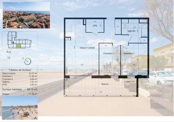 À 150 m de la plage. T3 lumineux de plus de 63 m² exposé Ouest avec 2 parkings