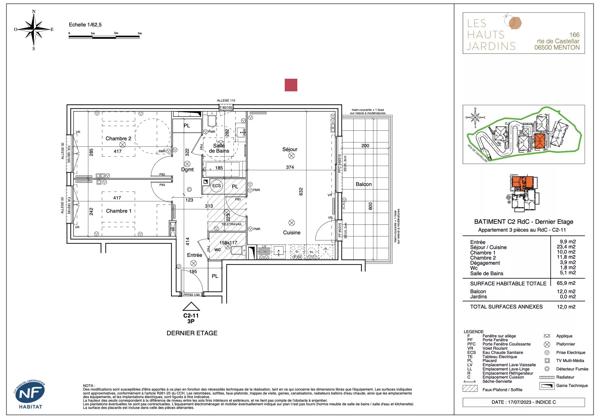 3 pièces neuf avec vue mer, balcon et parking, situé sur les hauteurs de Menton