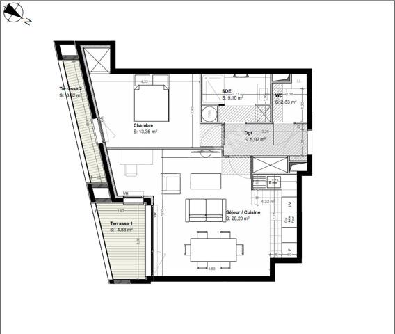 Appartement 2 pièces 54. m²  avec terrasse de 5 m²  et 3 m² Asnières-sur-Seine