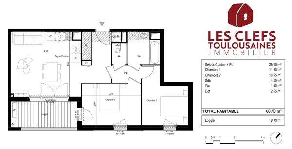 Appartement 3 pièces 62m² + 10m² de Loggia + 2 Parking ! L'UNION CENTRE
