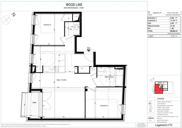 Lyon 7ème - Rue Montesquieu - Appartement de 65,80 m², 2 chambres, Loggia, Cave