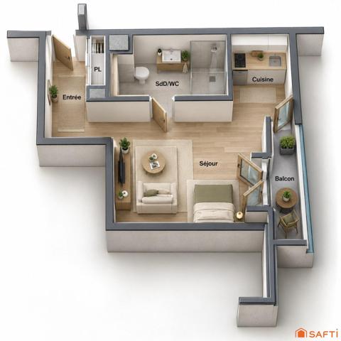 Grand Studio 30 m², Balcon - Locataire en place.