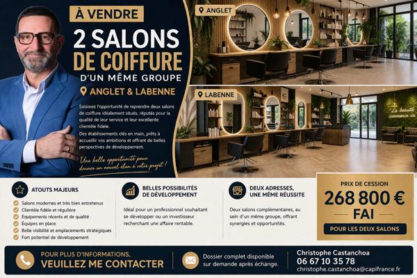 ✂️ À VENDRE – LOT DE 2 SALONS DE COIFFURE (ANGLET & LABENNE)
