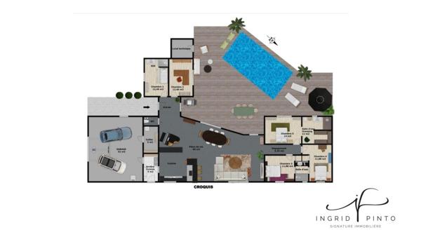 Maison familiale de plain-pied, 152 m² habitables, 5 chambres - Piscine - Double garage