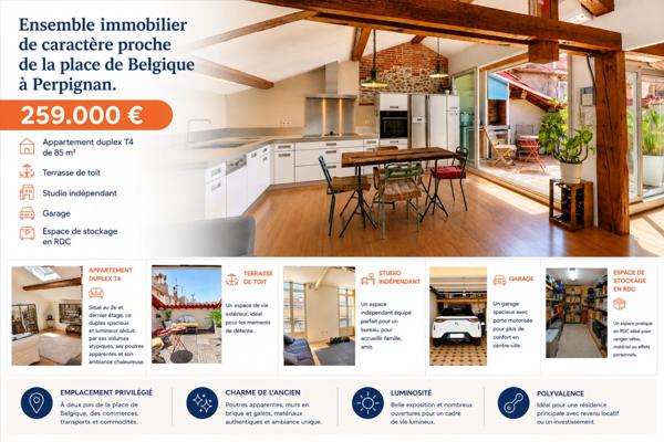 Ensemble immobilier de caractère à Perpignan : Duplex + Studio + Garage + Atelier