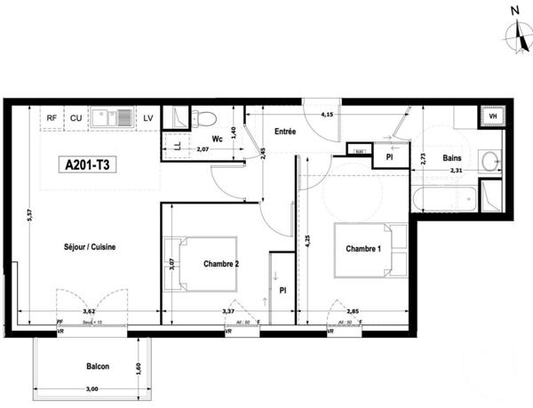 Appartement F3 à vendre  3 pièces - 59,54 m2 BAGNEUX - 92