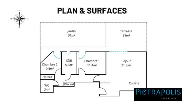T3 de 69m² + 57m² d'extérieurs - PMR - Garage double