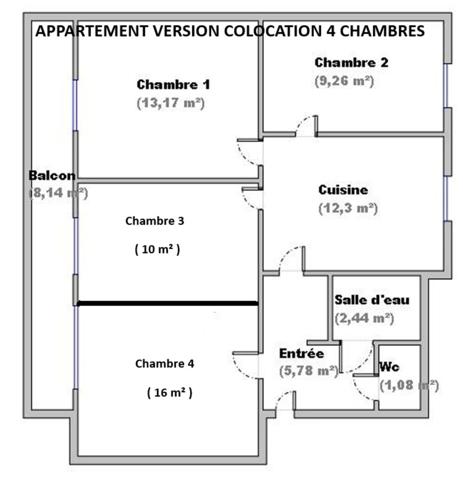 Appartement70 m²/Option 1 résidence principale 2 chambres + vaste cuisine sejour/option 2 colocation 4 chambres rendement 9%