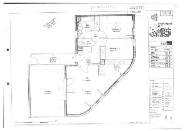 BLAGNAC 31700 PROCHE TRAMWAY Agréable T3 Récent de 67.88m2 ,Très grande Terrasse de 26.78m²,  parking sous sol