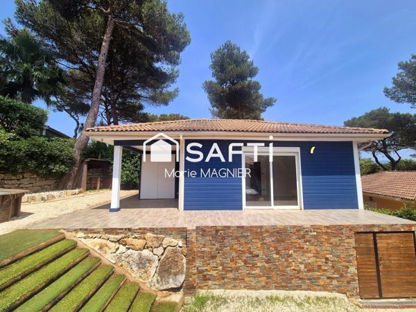 RARE SUR LE SECTEUR Beau Chalet  T3 - 2 chambres  de 50m2 entièrement rénové, avec sous sol aménagé, sur terrain de 234m2 clôturé, au calme,  résidence sécurisée avec piscine, à Gassin, proche commerces et plages.