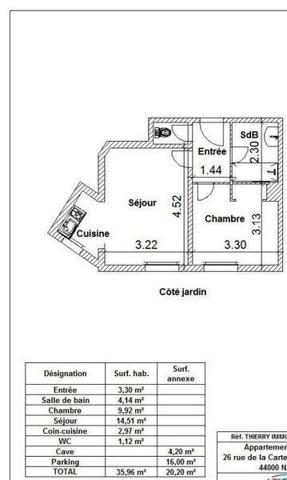 Appartement 2 pièces                                        - 44000 Nantes - ILE DE VERSAILLES Réf : 12075
