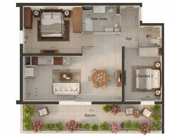 T3 de 59,60 m², balcon exposé Sud d'environ 20 m², parking privatif inclus, à 10 min à pied du centre-ville
