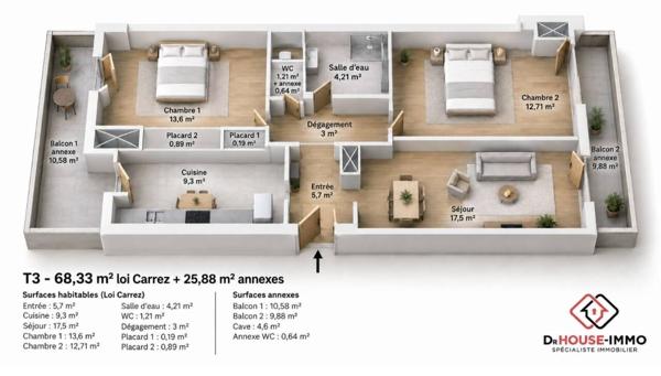 Appartement à vendre 3 pièces de 68 m²