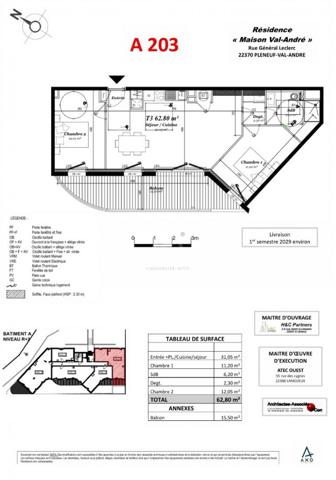 Superbe appartement T3 neuf avec 2 suites et une terrasse de 22 m² exposée Sud-Ouest.