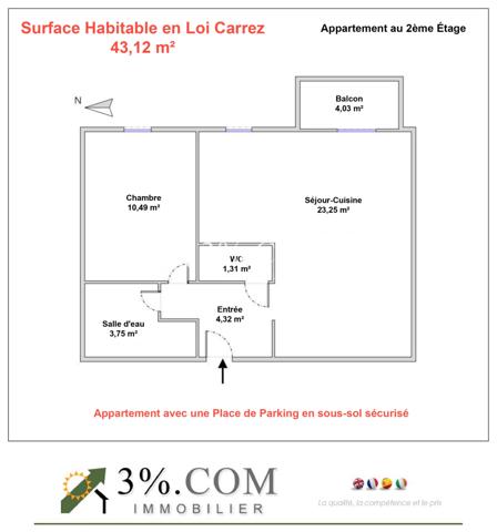 Appartement 2 pièce(s) 1 chambre(s) 43.12 m²