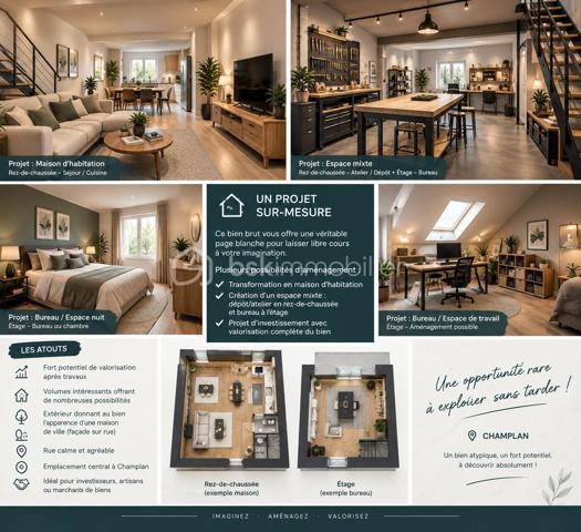 Situé au cœur de Champlan, dans un environnement calme et agréable, ce bien offre aujourd’hui une configuration totalement brute et constitue une véritable page blanche pour réaliser un projet sur mesure.

Son volume et sa configuration permettent d’envisager différents projets d’aménagement, sous réserve des autorisations nécessaires :

Transformation en habitation et création d’une maison à votre image 
Projet mixte, avec un espace dépôt/atelier au rez-de-chaussée et un espace bureau à l’étage 
Projet d’investissement, avec une valorisation du bien après travaux.

LES ATOUTS DU BIEN
Fort potentiel de valorisation après réaménagement 
Des volumes intéressants offrant de nombreuses possibilités 
Un extérieur donnant au bien une apparence de maison
Rue calme et agréable 
Emplacement central à Champlan 
Une opportunité particulièrement adaptée aux investisseurs, artisans ou marchands de biens.

Le bien est actuellement entièrement brut et nécessite un réaménagement complet, permettant ainsi de concevoir un projet personnalisé en fonction de vos besoins et de votre stratégie.

👉 Un bien atypique et à fort potentiel, idéal pour les acquéreurs à la recherche d’un projet à transformer et valoriser.

Une opportunité rare sur le secteur à découvrir sans tarder !
SARA RODRIGUES 
06 33 82 07 35 / S.RODRIGUES@BSKIMMOBILIER.COM
