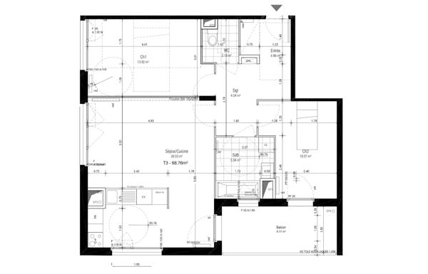 Appartement 3 pièces - 70 m² Exclusivité efficity