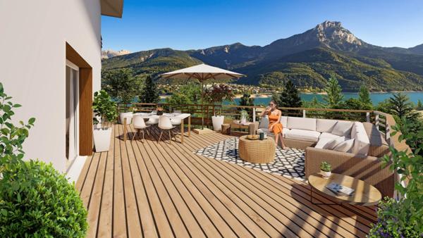 Appartement à vendre 2 pièces au 1er et dernier étage, vue Lac et Montagnes sur SAVINES LE LAC (05) , style villa Exposé Sud /Est ,livrable été 2026