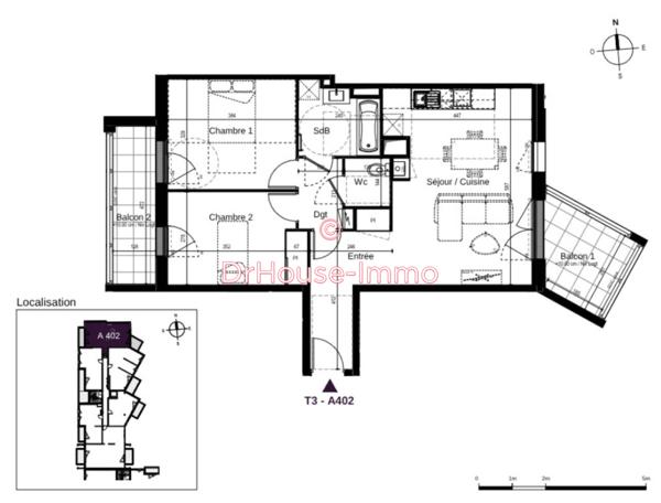 Appartement à vendre 3 pièces de 65 m²