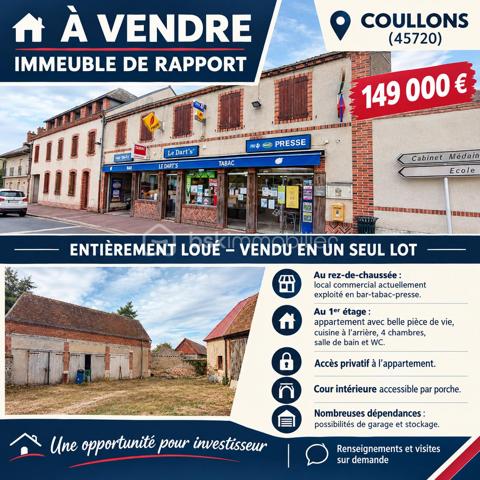 Ensemble immobilier situé à COULLONS (45), vendu loué dans son intégralité, composé au RDC d'un local commercial actuellement exploité en bar-tabac-presse avec une activité en place.
Au 1er étage : un appartement spacieux comprenant une belle pièce de vie avec cuisine à l'arrière, 4 chambres, bureau, salles de douche/bain et WC. Il bénéficie d'un accès privatif, garantissant l'entrée indépendante du commerce.
Cour intérieure privative avec terrasse accessible par un porche.
Nombreuses dépendances offrant des possibilités de garage, de stockage ou d'aménagement selon les besoins. Possibilité de réhabilitation en parallèle des exigences du PLUi
Belle opportunité pour un investisseur à la recherche d'un bien immobilier alliant commerce et habitation.