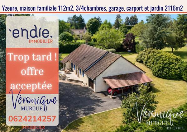 Rare à Yzeure Haut-Barrieux – Maison plain-pied rénovée – 112 m² – 3 ch – terrain 2116 m² – sans vis-à-vis – coup de cœur, endie immobilier, veronique murgue