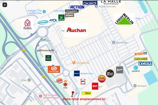 Osny (95520) Location Local commercial d’angle à très forte visibilité – 335 m² au cœur du Retail Park de l’Oseraie (Osny)