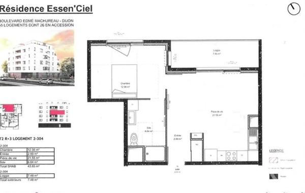 Appartement T2 à vendre  2 pièces - 43,65 m 2   DIJON  - 21