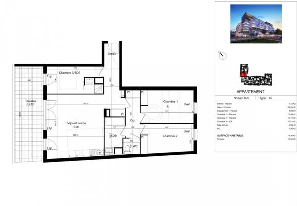 T4 80 m² cinquième étage avec terrasse 19 m² , Béziers (Avenue du Président Wilson)