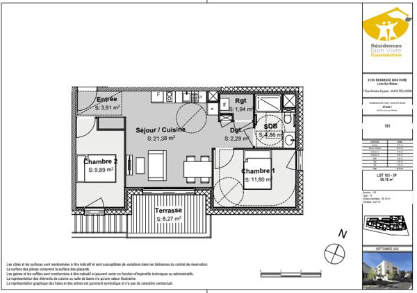 Appartement T3 de 55.79m², meublé, avec terrasse de 8,8m² et stationnement