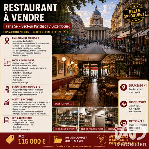 Restaurant à vendre 58 m² Paris 5