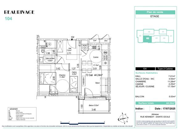 Appartement Sainte Cécile 2 pièces cabine 44.24m²